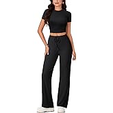 Rooscier Women's 2 Piece Outfits Lounge Sets Short Sleeve Crop Tops and Wide Leg Pants Tracksuit Sets