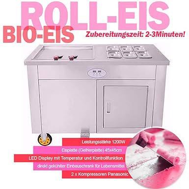 Profi Roll-Eismaschine mit 2 Kompressoren, 6 Behältern und Eisplatte 45x45cm Ice Cream Rolls Machine