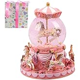 MEPHILIA Gift Wrapped Carousel Music Box Rotating Snow Globe Light-Up Pink Unicorn Design, Decorative Merry-go-Round Musical Box with Gift Packagings Christmas Birthday Gifts You are My Sunshine