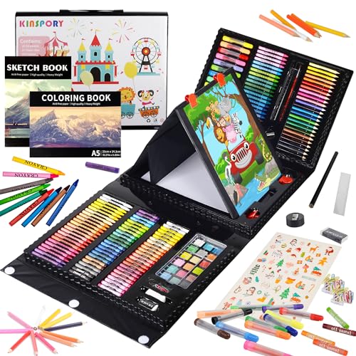 KINSPORY 290 Pieces Children's Painting Case, Drawing Games, Children's Paints, Drawing Pencils, Easel Painting