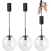 mirrea H-Type Black Track Lighting Pendant with Clear Glass Globe Shade, Adjustable Hanging Light, E26 Socket, Pack of 3