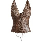 MakeMeChic Women's Lace PU Leather Crop Top Lace Up Sleeveless V Neck Cowgirl Y2k Tank Tops