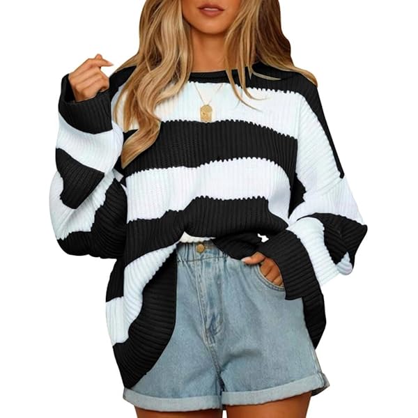 Women's 2024 Fall Long Sleeve Crew Neck Striped Sweater Color