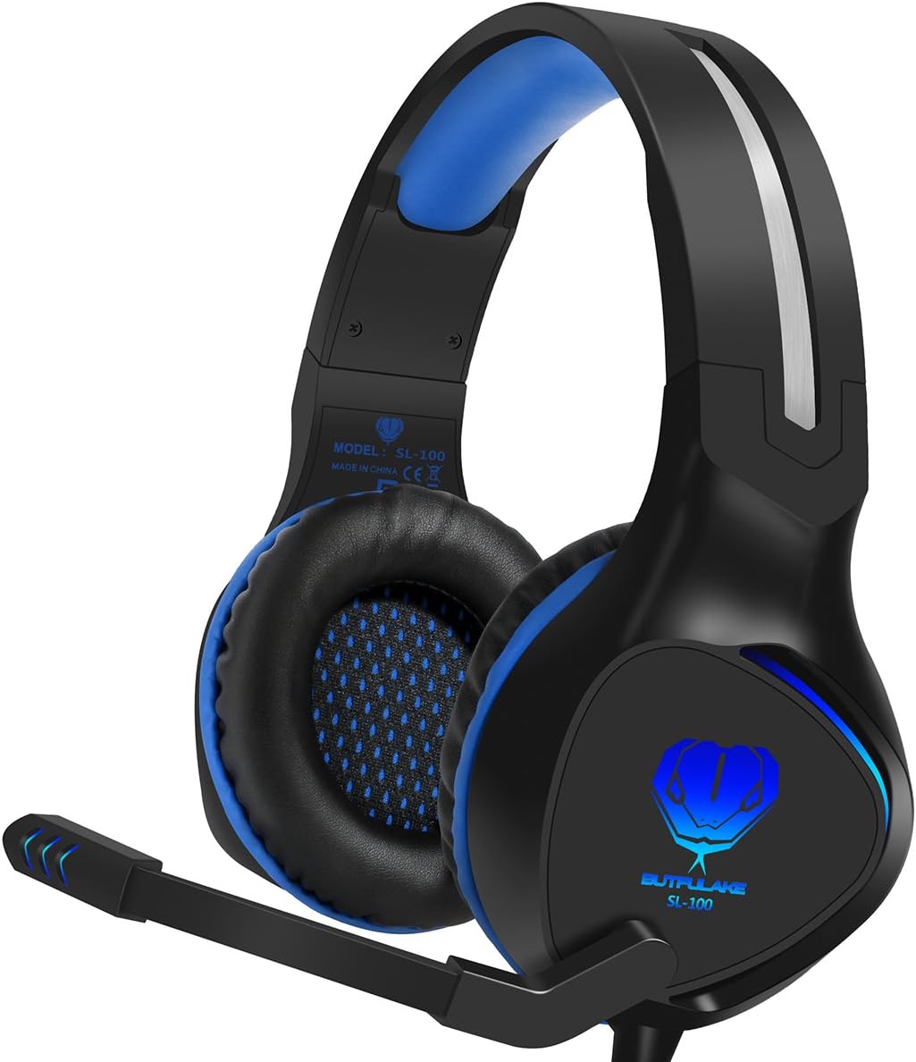 BUTFULAKE PS4 Gaming Headset, 3.5mm Stereo Over Ear Headphone with Flexible Noise Cancelling Mic & LED Light for Xbox One S/ PlayStation 4 Pro Slim/ Nintendo Switch/ PC (Blue)