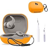 for Beats Powerbeats Fit Case Cover,NOUKAJU Earphone Protective Cover(with Carabiner + Lanyard + Cleaning Pen) Drop-Proof,Scratch-Proof,Case for Beats Powerbeats Fit Earbuds(Orange)