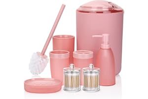OTOSTAR Bathroom Accessory Set 8 Pcs Pink Bathroom Accessories Set Bathroom Set with Trash Can Soap Dispenser Toothbrush Holder Tumbler Soap Dish Toilet Brush Holder Qtip Holder (Pink)