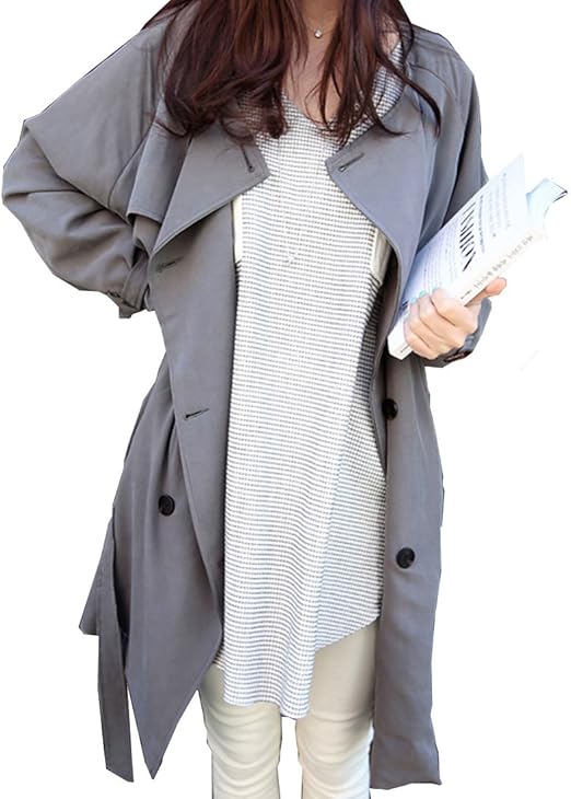 Amazon トレンチコート スプリングコート 薄手 レディース ノーカラー ベージュ グレー ベルト 就活 L グレー コート ジャケット 通販