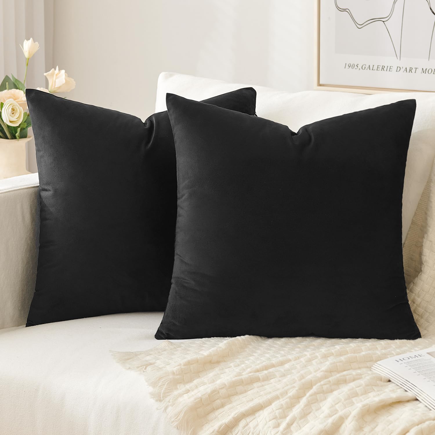 Slozzi Set of 2 Velvet Cushion Covers Home Plain Decorative Throw Pillow cases 20x20 Inch 50x50 cm Soft Square Pillow Covers for Sofa Bedroom Black