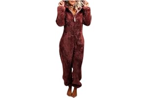 Adult Onesie Pajamas for Women Teddy Fleece Onesie Pjs Plush Hooded One Piece Sleepwear Zip Up Warm Fuzzy Homewear