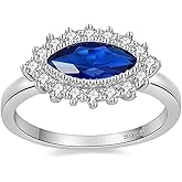 BONLAVIEGEM Created Sapphire Ring Marquise Engagement Ring for Women 925 Sterling Silver Sapphire Pave Halo Cubic Zirconia Band Size 7