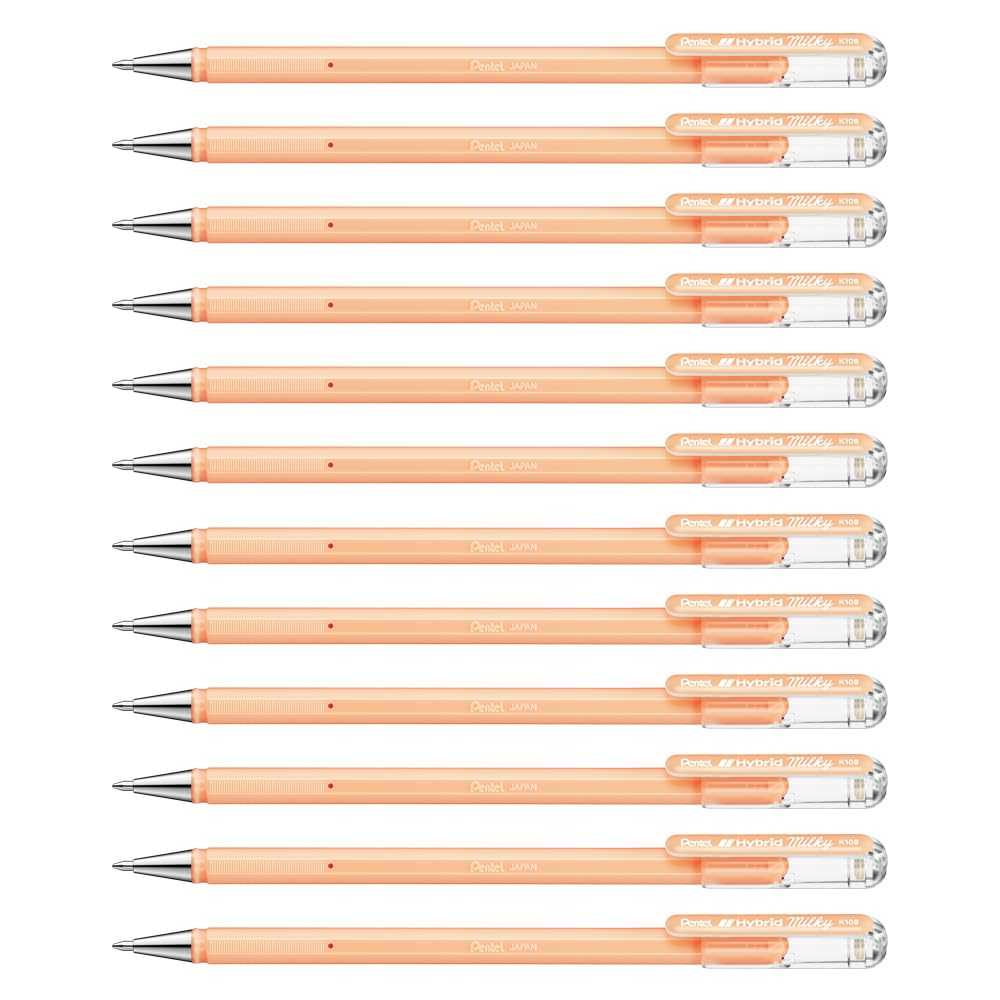 Pentel K108 Hybrid Milky Gel Rollerball Pen, 0.8mm Tip, Vivid on Light and Dark Paper, Pastel Orange (Pack of 12)