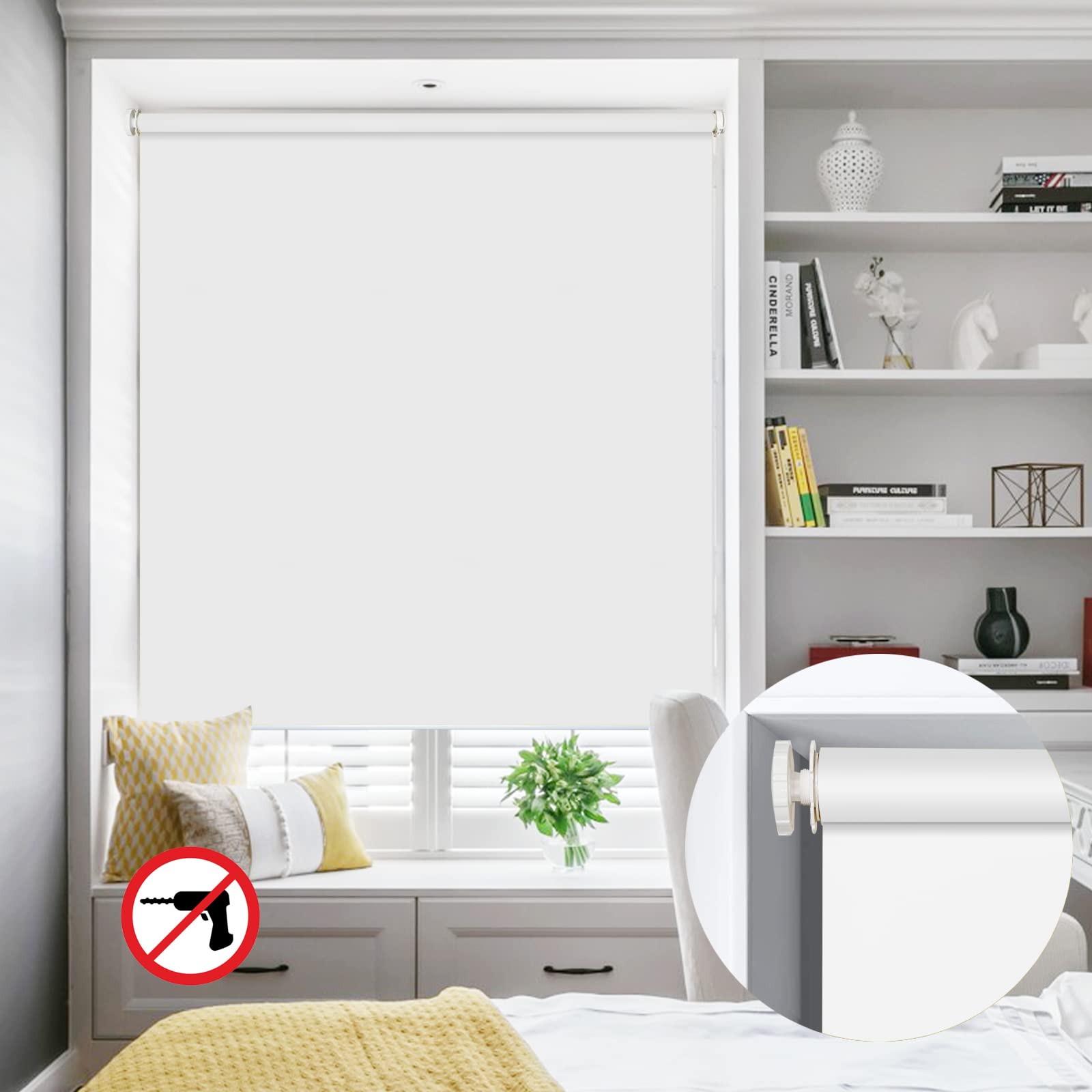 Sunbox No Drill Window Roller Shades, Thermal Insulated Blinds, White
