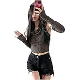 Zbaul Hooded Crop Grunge Off Shoulder Slim Fit Long Sleeve Thumb Hole Soft Knit Streetwear Y2K Tee Top