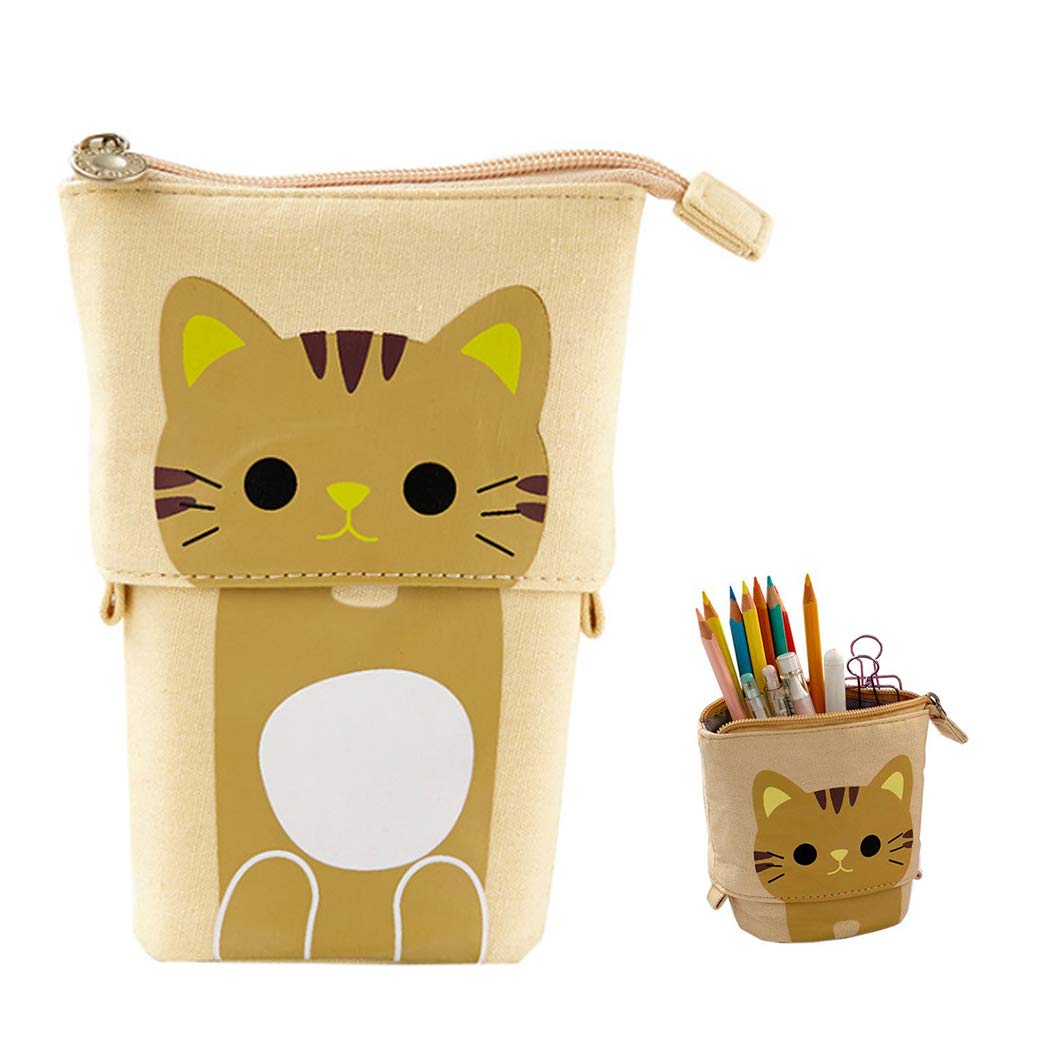 Hillento Telescopic Pencil Bags, Pencil Stand Holder, Telescopic Cat Pencil Case Canvas Pen Organizer Stationery Pouch Bag, Small Cosmetics Bag with Zipper, Khaki
