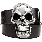 Moolecole Fashion Men Skull Head Leather Buckle Belt Waist Band Jeans Decorative Punk Belt Black