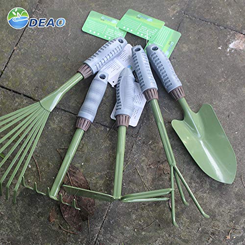 KEJIH Five-Piece Gardening Tools Set Potted Flower - Including Double Use Hoe 3 prongs,9-Teeth Leaf rake, 5-Teeth rake,Cultivator/Weeder,Trowel/Shovel with High Carbon Steel and Soft PVC Handle Grip