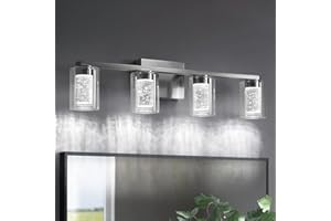 STAMBORD Bathroom Light Fixtures, 4 Light Brushed Nickel Vanity Light Over Mirror, 3 Color LED Bathroom Vanity Lights with Crystal Bubble Glass, Dimmable Bubble Wall Sconce Lighting for Bathroom, Living Room