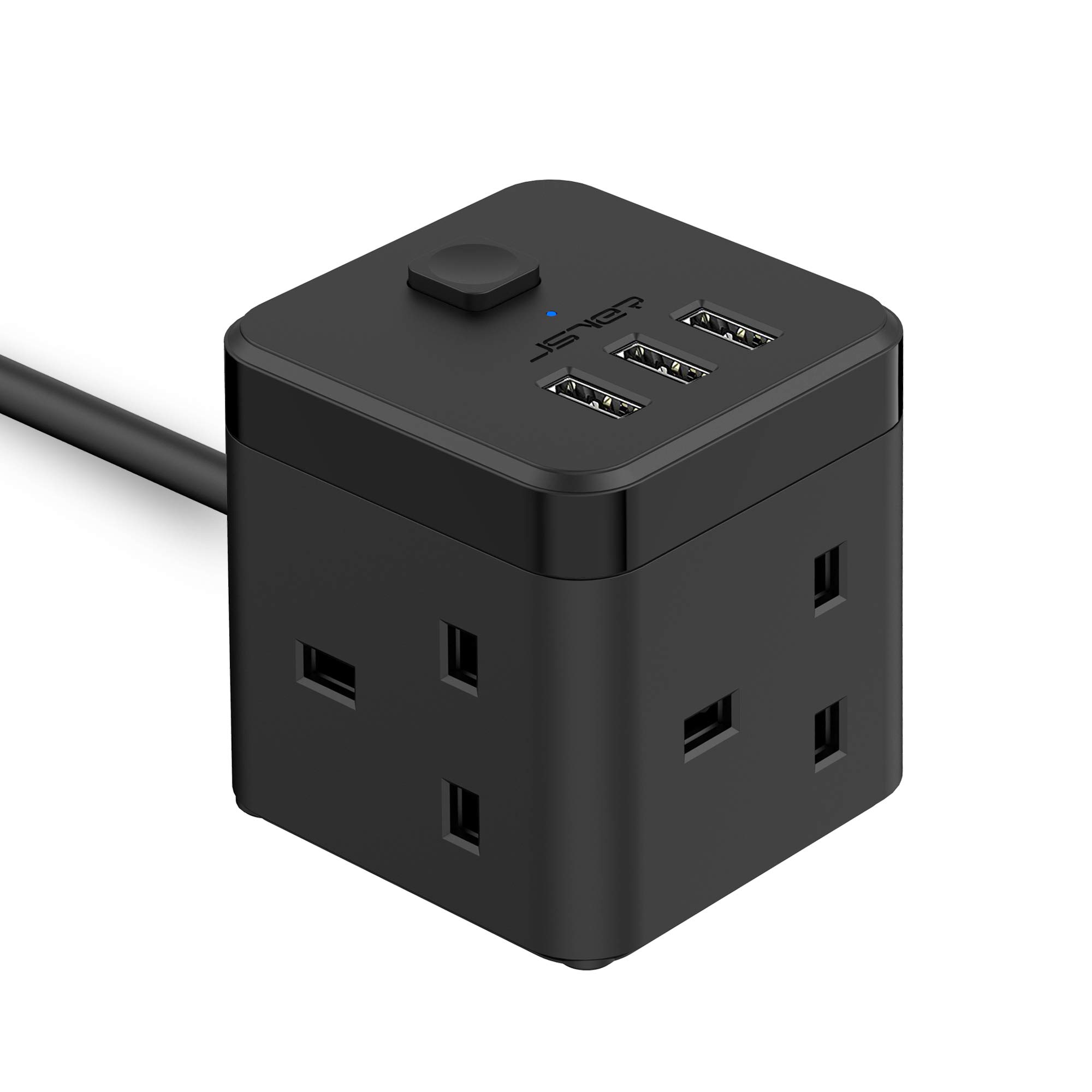 JSVER Compact Cube Extension Lead with 3 USB Slots (5V/3.1A) 3 Outlet Power Strip Surge Protected Power Socket with 1.5M Cable for Home, Office, Hotel, Travel -Black