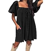 EXLURA Womens Summer Denim Short Puff Sleeve Dresses Knit Loose Plus Size Short Mini Dress 2026 Trendy Spring Outfits