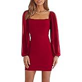Wenrine Women's Mesh Long Sleeve Square Neck Ruched Party Club Cocktail Bodycon Mini Dress