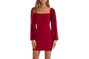 Wenrine Women's Mesh Long Sleeve Square Neck Ruched Party Club Cocktail Bodycon Mini Dress