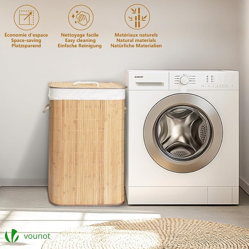 ® Cesto Portabiancheria Rettangolare in Bambù 72L, Cesto Pieghevole per Panni Sporchi con Coperchio, Manici e 2 Borse Rimovibili, per Bagno, Lavanderia e Camera da Letto, Naturale