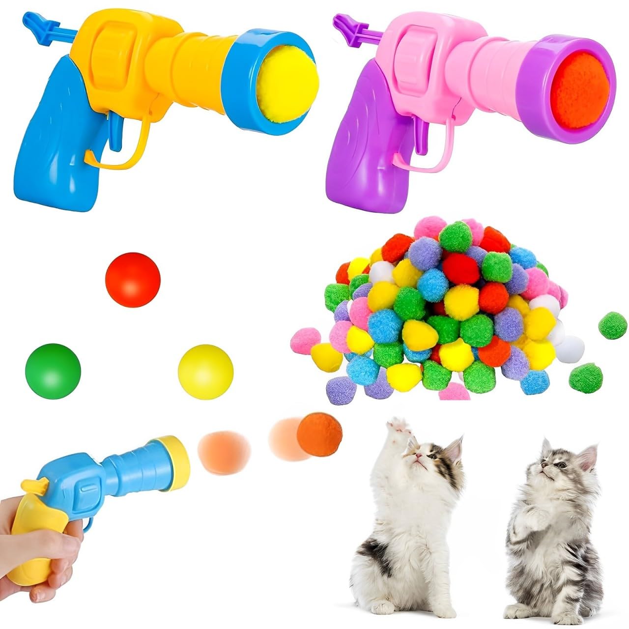 Niksultant 2PCS Cat Toy Launcher with 50pcs Pom Balls and 3pcs Bouncy Balls - Interactive Cat Fetch Toys for Indoor Exercise & Training