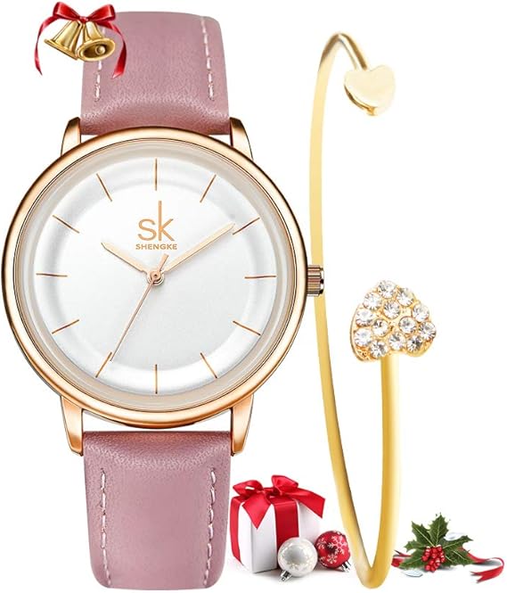Amazon Shengke レディース 腕時計 ギフトセット クォーツ レザーストラップ シンプル レディース 腕時計 ガールズ ドレス腕時計 ブレスレット付き ギフト Reloj De Mujer Perilla レディース腕時計 腕時計 通販