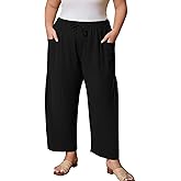 Flygo Plus Size Pants for Women Summer Casual Wide Leg Palazzo Pants Baggy Trousers with Pockets