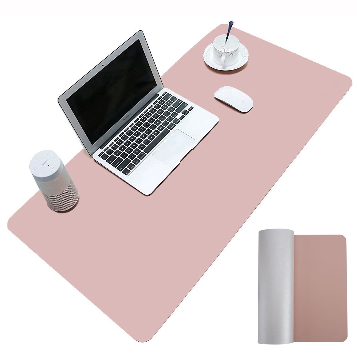 ele ELEOPTION PU Leather Extended Mouse Pad, Multifunctional Waterproof Office Desk Writing Mat, Double Side Ultra-Thin Large Pad for Office Home (Pink/Silver, 90x45cm)