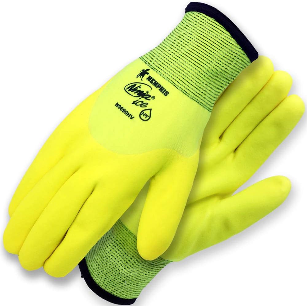 MCR Safety N9690HVL Ninja Ice High Visibility Nylon Liner Double Layer Gloves with HPT Coating, Large, Lemon Yellow, 12-Pack