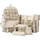 5Pcs Canvas Kawaii Backpack Combo Set with Cute Bear Pendant Pins Plaid Check Handle Shoulder Tote Daypack Bag Kit (Khaki)