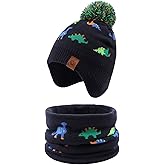 Zsedrut Dinosaur Winter Baby Beanie Hat Glove Set Fleece Lined Kids Boys Hat Knit Pompom Bonnet for Toddler Boys