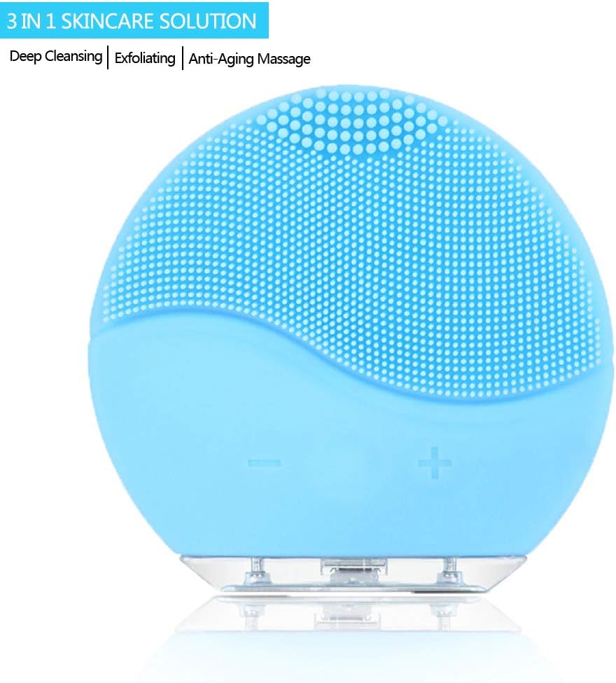 Facial Cleaning Brush，Minso Waterproof & Silicon Facial Cleaner， Electric Masager Cleansing System for Deep Cleansing Skin Care， Face Massage Brush and USB Charging Cables (Aquamarine)