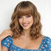 BEAUTIFA Ombre Brown Wig with Bangs for Women 14 Inch Shoulder Length Short Bob Wavy Curly Wig Ombre Brown Wig Heat Resistant Synthetic Wigs