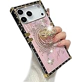 AuroiCCY For iPhone 17 Pro Max Glitter Case with Kickstand, Cute Bling Diamonds Butterfly Foldable Stand Shockproof Marble Shell Aurora Floral Pattern Girl Woman Soft Cover for iPhone 17 Pro Max, Pink