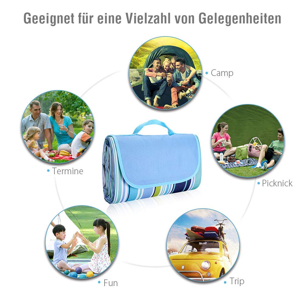 isYoung 200 x 145 cm XXL Picknickdecke Oxford Stoff wasserdicht mit Tragegriff Geeignet für Camping, Reisen und Strände (Blau)