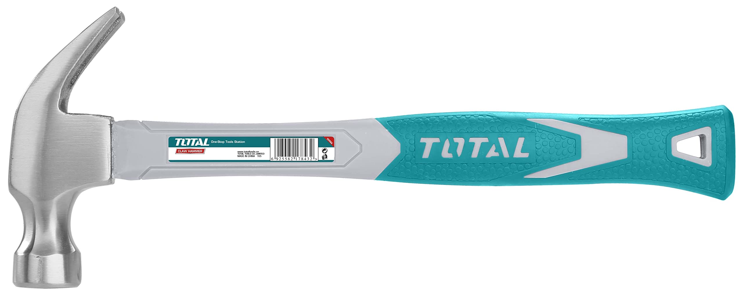 Total - Carpenter Hammer | 220 g Carbon Steel Head | Curved Shovel Nail Puller | Bi-Material Fibre Handle | Ideal for Woodworking & Joinery | Tool Belt Compatible | Pliers Accessory