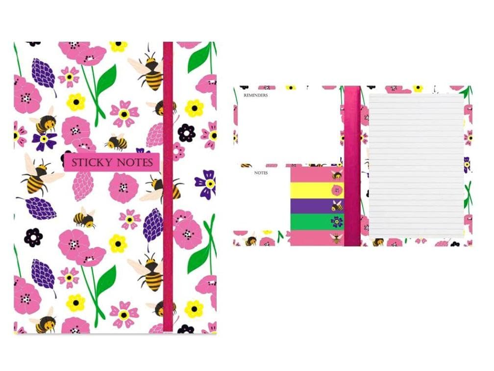 Beautiful Bees and Flowers Decorative Sticky Note Pad Set - 7 Different Sizes with a Lined Notepad, Ideal for Reminders, to Do Notes, Planning