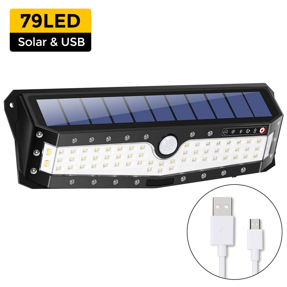 Solar Security Lights Outdoor，79 LED Motion Sensor Super Bright Wall Lights,4 Lighting Modes,Weatherproof, Wide Angle for Yard, Driveway, Garage, Pathway,Garden,Solar and USB Powered