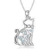 LWXIE Diamond Birth Flower and Cat Necklace for Women 925 Sterling Silver Birth Month Flower in Cat Pendant with Lab Grown Diamond Jewelry Gifts for Cat Lovers