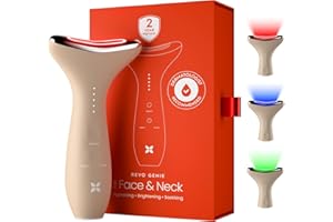REVOMADIC REVO Genie | 3-in-1 Face & Neck Beauty Massager with Heat, 3 Light Therapies, Smart Vibration | Red Light, Blue Light, Green Light Therapy for Wrinkles, Hyperpigmentation, Acne & More - Beige