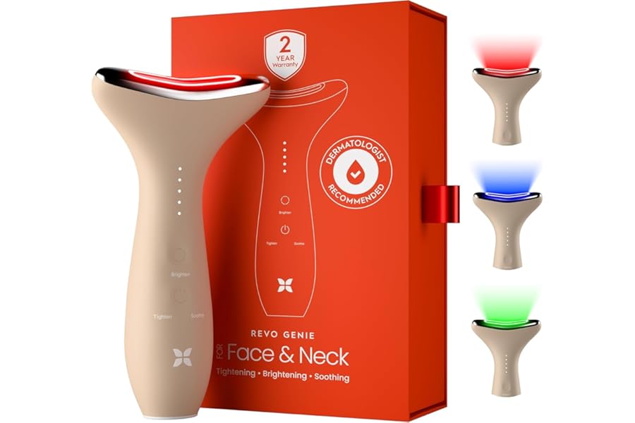 REVO Genie | 3-in-1 Face & Neck Beauty Massager with Heat, 3 Light Therapies, Smart Vibration | Red Light, Blue Light, Green Light Therapy for Wrinkles, Hyperpigmentation, Acne & More – Beige