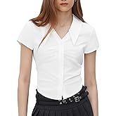 Women's Short Sleeve Button Down Shirt Casual Polo V-Neck Ruched Blouse Work Top, Stylish Office & Casual Shirt