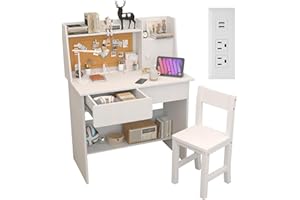 SFDOU White Kids Desk and Chair Set for 5-12 Year Old, Childrens Computer Desk with Drawers and Storage Shelf, Kids Study Table with Charging Station Station-GkOTnl