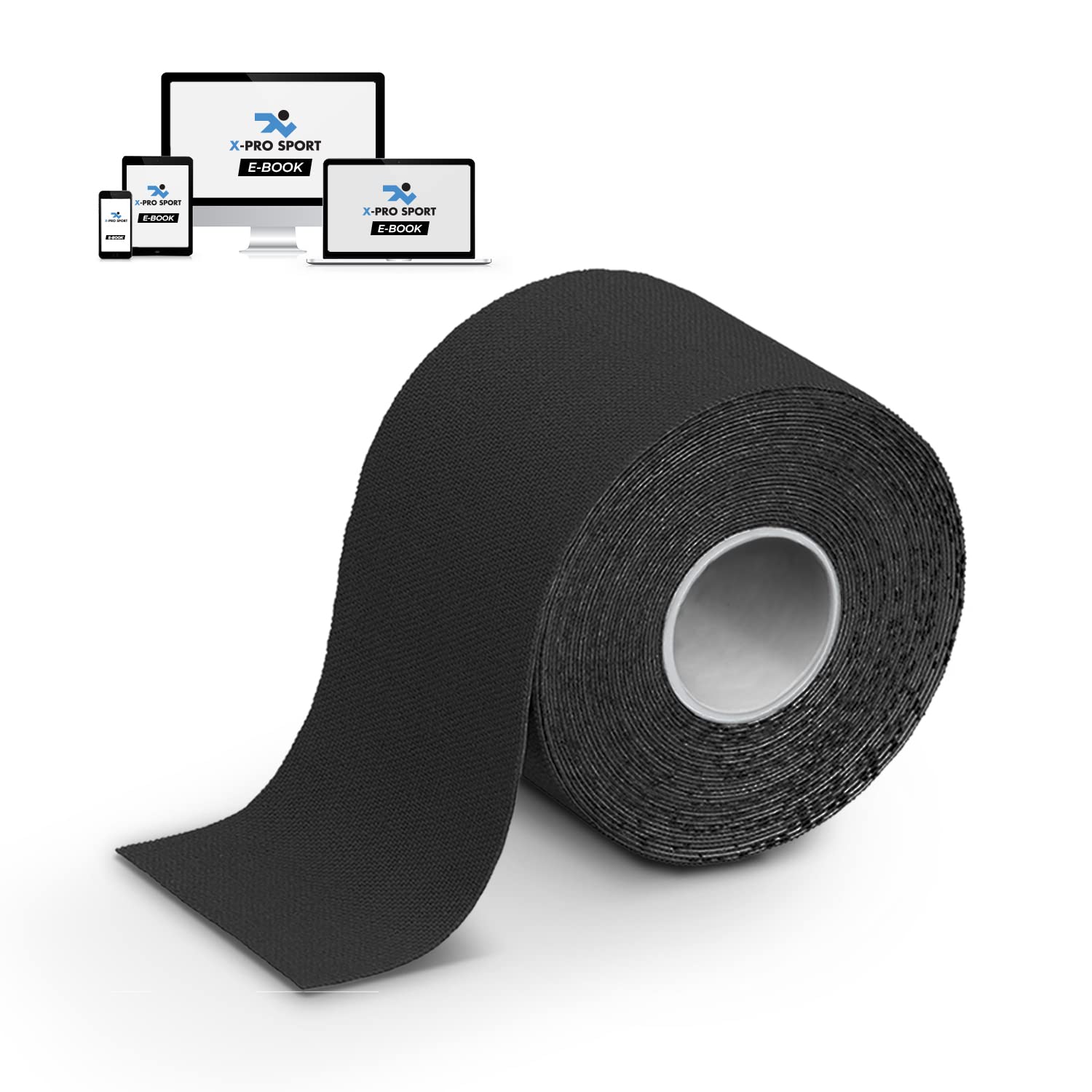Kinesiological Tape 5m x 5cm, X-PRO Sport Kinesio Tape with e-Book with Application Examples, Muscle Patch, Strong Taping Resistant Elastic (1 X Black)