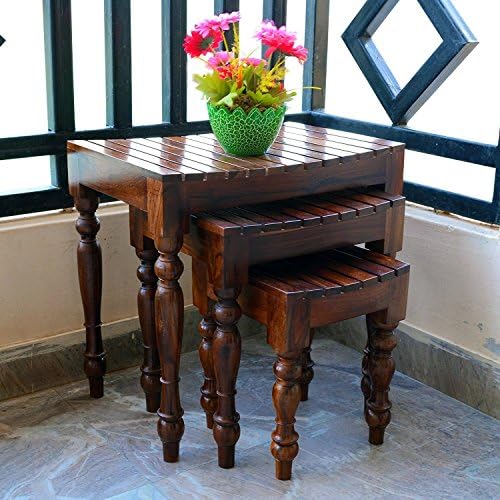 Credenza Nesting Tables Wood Set of 3 Stools (Walnut Finish, Brown)