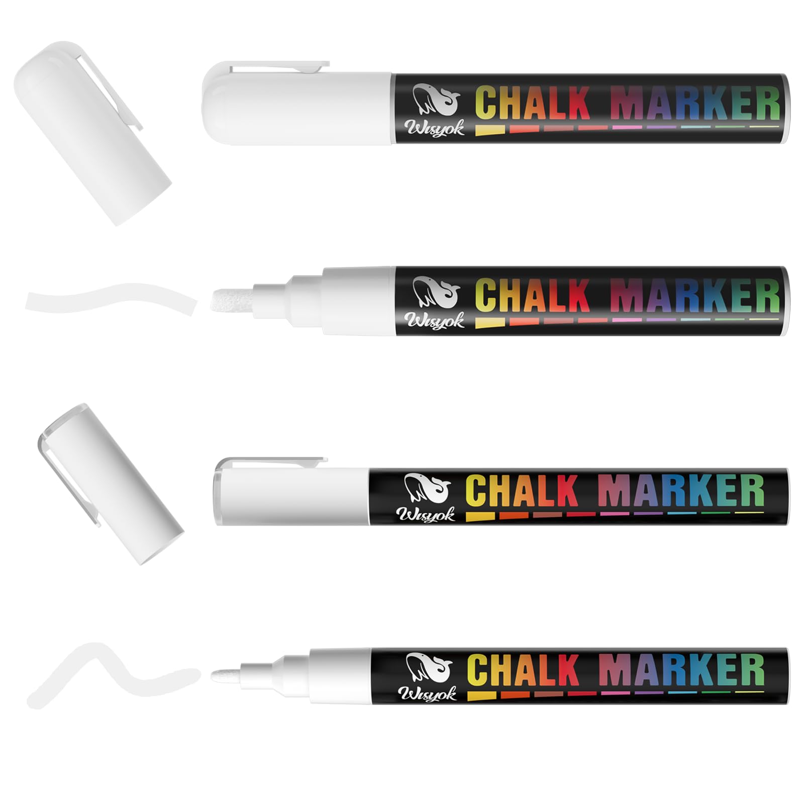 WISYOK White Liquid Chalk Pens, 3mm and 6mm Reversible Bullet & Chisel Point Chalk Markers, Erasable Marker Pens for Chalkboard, Window, Glass, Jars and Mirror- 4 Pack