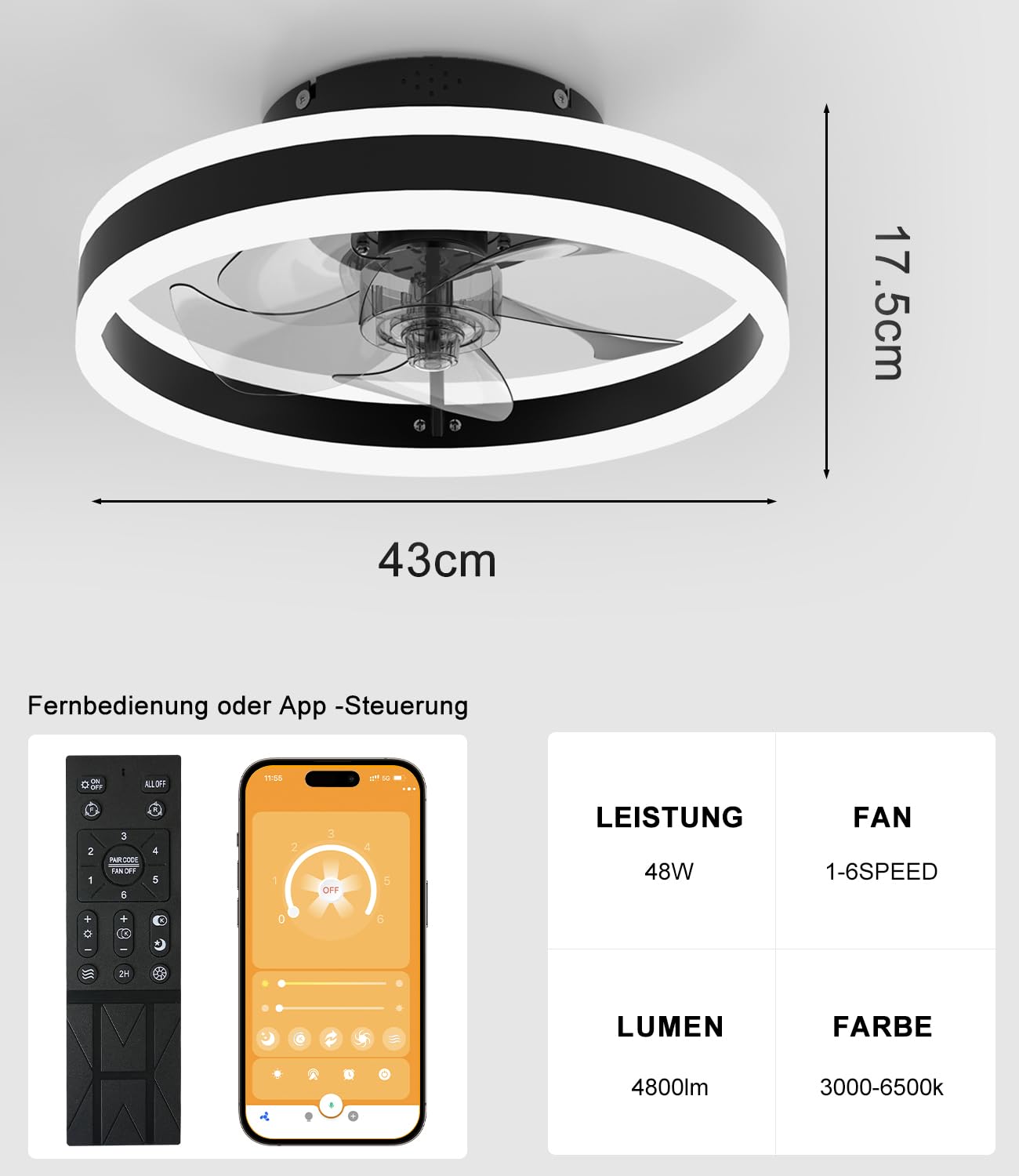 Ceiling Fan, LED Ceiling Fan with Lighting, 3 Colour Temperatures and 6 Speeds Ceiling Fan with Lamp, Remote Control, Quiet Dimmable Fan Ceiling Light