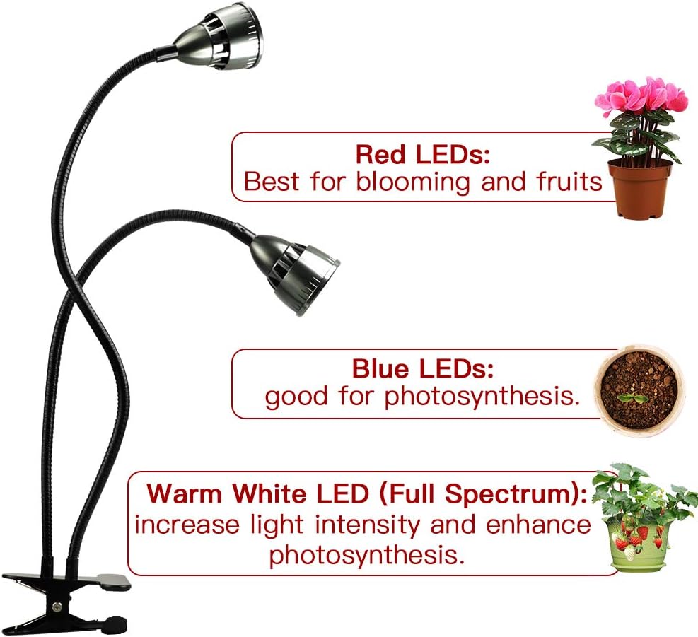 LED Grow Light for Indoor Plants,Full Spectrum Dual Head Desk Clip Plant Light for Seedling Blooming,Adjustable Gooseneck & Timer Setting 3H/9H/12H,3 Color Modes: Home Improvement